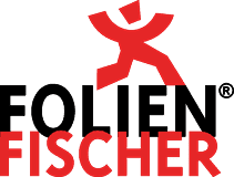 Logo Ladekantenschutz Hamburg: Stilisiertes rotes Folienmännchen läuft über Firmenschriftzug FolienFischer